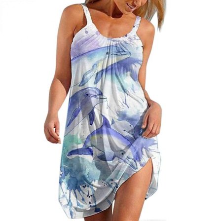 Ärmlös Blommig Klänning Casual Sommarklänning Mini Tank Klänning Dam Strandklänning