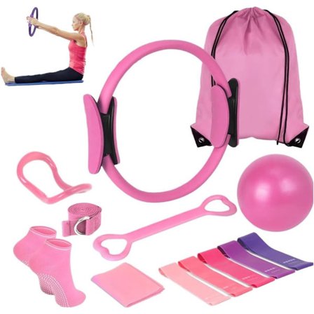 Pilates Ring, Motstandsbånd, Pilatesball, Yoga Ring Sett, Hjemmegymtilbehør, Ideell for Fitness- og Fleksibilitetsøvelser, 13 Deler, Rosa