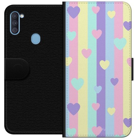 Yhteensopiva Lompakkokotelo Samsung Galaxy A11 Pastelliraitoja pinkissä, keltaisessa, violetissa ja sinisessä, joissa on hajallaan pehmeitä kawaii-tyy