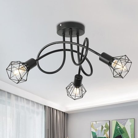 Industriel 3-vejs loftlampe hængende lampe semi flush E14 base sort metalbur 3 lys loftlampe til soveværelse stue spisestue hall entre (Bu