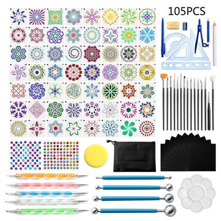 Mandala Dot Drawing 105-delt verktøysett - , med kompass, linjal, borpennverktøy, kulepenn for steinmaling, fargelegging, neglekunst, maling og 