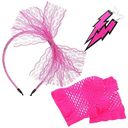 80-tals Spets Pannband Neon Örhängen Fingerlösa Fisknätshandskar för 80-talsfest (Rosy)