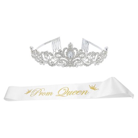 2 stk. Prom Queen-bånd og krone med krystalldiamanter - sett for bryllup og fest