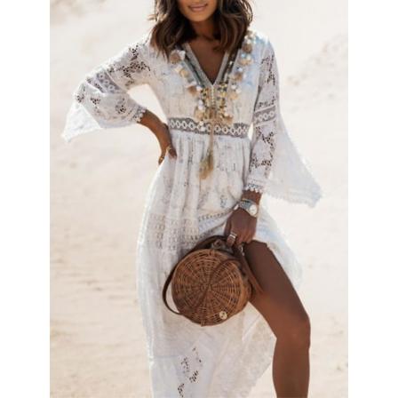 Sommar Boho Långa Klänningar Dam Spets V-ringad Spaghetti Strap Dress Dam Off Shoulder Strand Solklänning Vit Klänning Vestidos De Mujer DHLYQ19 White