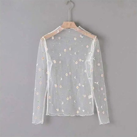 Dame T-skjorte Se Gjennom Transparent Mesh Topper Langermet Hun