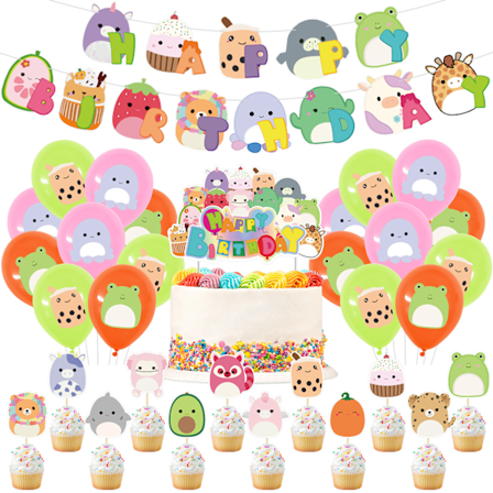 Squishmallows tema bursdagsfest dekorasjon bakgrunn layout kakekort tegneserie ballong bokstav tegning