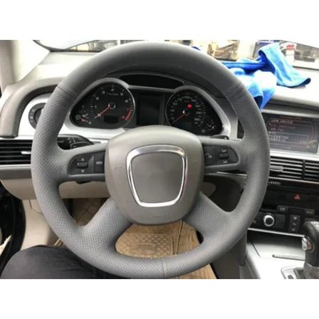 För kompatibel med Audi A6 C6 A4 B7 2004-2012 Q5 2007-2012 Q7 biltillbehör svart läder bilratt skydd