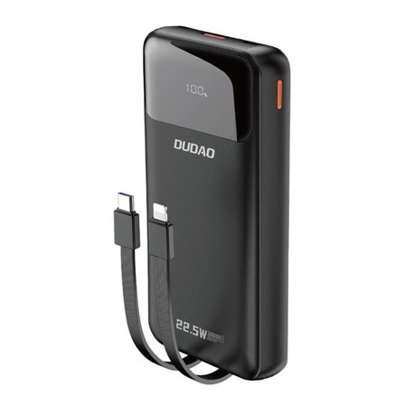 Dudao K15Pro Power Bank 20000mAh 22.5W PD USB-C/USB-A med inbyggda Lightning/USB-C-kablar - Svart