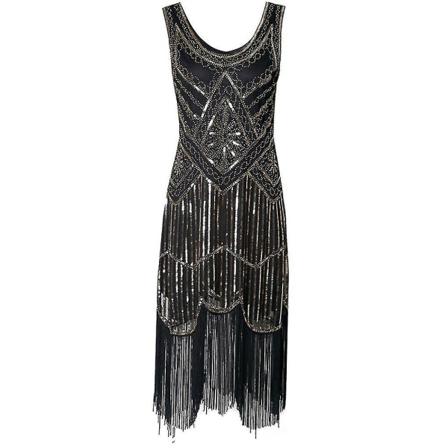 Halloween Lady 1920-luvun juhlamekko hapsuilla koristeltu pukumekko 20-luvun paljeteilla helmillä koristellut vintage iltajuhlamekot Black Gold 2XL
