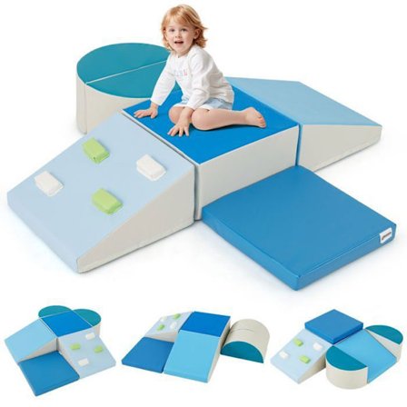 COSTWAY 6PCS Motionsbane til Baby i Skum med EPE Fyld, Klatresten & Krogfastgørelser til 1 År+ Blå