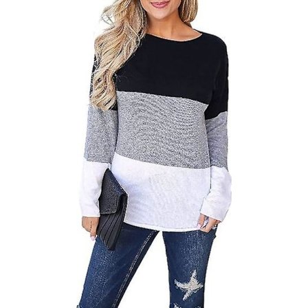 Dam långärmad toppar casual rund hals t-shirts randig armbågslapp