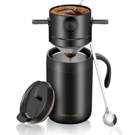 Bærbar kaffemaskine til camping med kaffekrus i rustfrit stål + kaffefilter, til rejser, camping, kontor, vandreture js