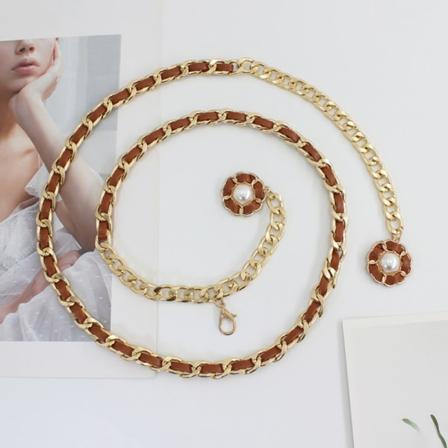 Metal taljekæde justerbar kjole bælte Pearl dekorativt tøj Brown