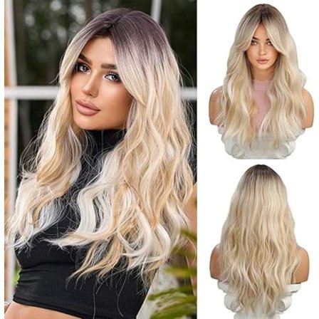 Blondit peruukit, jotka sopivat naisille, pitkä kihara peruukki otsatukalla, aaltoileva peruukki tummilla juurilla, luonnolliset synteettiset hiukset 