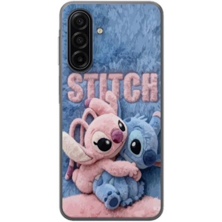 Kompatibelt Mobilskal till Samsung Samsung Galaxy A17 5G Söta fluffiga Stitch och Angel kramas på ett mjukt pälsigt underlag med pastellfärger som