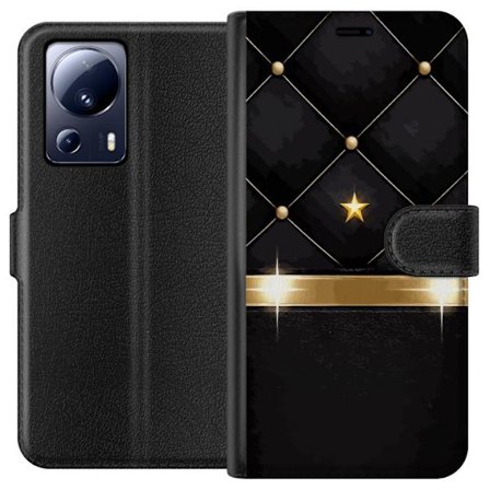 Yhteensopiva Lompakkokotelo Xiaomi 13 Lite Musta tikkukuvioitu tausta, jossa kultainen tähti