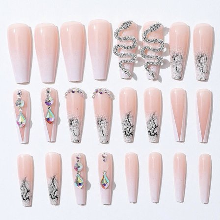 Skinnende diamant sølvslange gradient lange løsnegler (24 stk), Skinnende diamant lange løsnegler