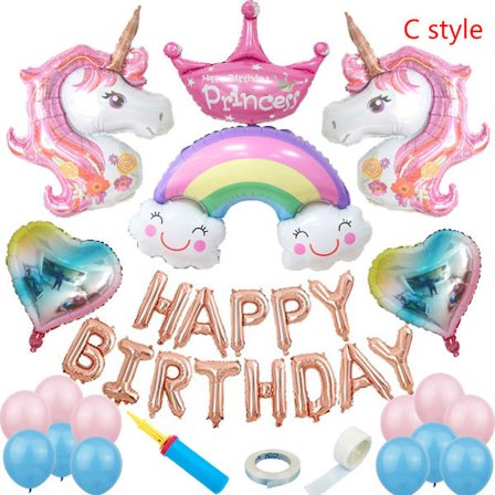 34st Unicorn Födelsedagsfest Dekorationspaket Set med gratis luftpump 16 tums aluminiumfolieballonger Leksaker för flickor Födelsedagspresent