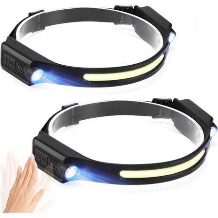 Huvudlampa 2-pack, 5 lägen rörelsesensor strålkastare, bred vy laddningsbar LED pannlampa IPX4 vattentät handsfree ficklampa present