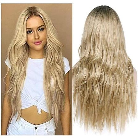 Ombre blond parykk med mørke røtter naturlig bølget lang krøllete syntetisk parykk for kvinner cosplay