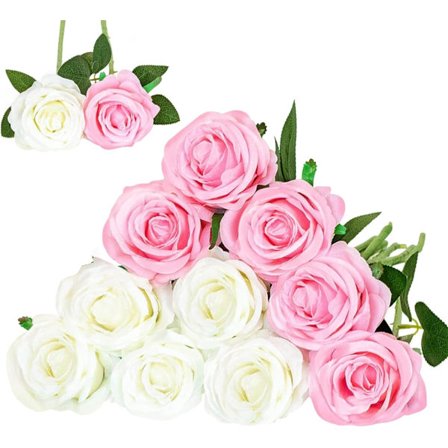 Sæt med 12 kunstige silke roser (hvid, pink) til boligindretning, bryllup