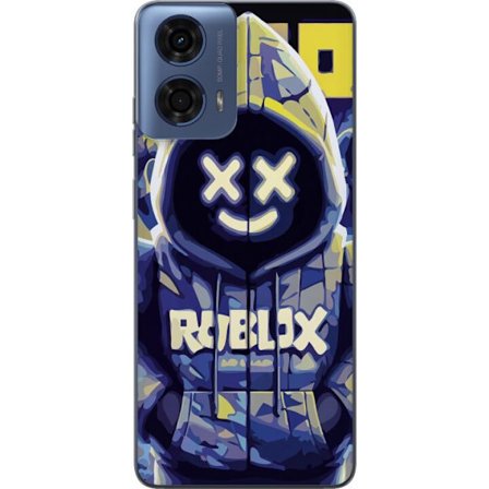Kompatibelt Mobildeksel til Motorola Motorola Moto G24 Blågul Roblox hettegenserfigur med minimalistisk neonstil og masket ansikt, moderne spillillus