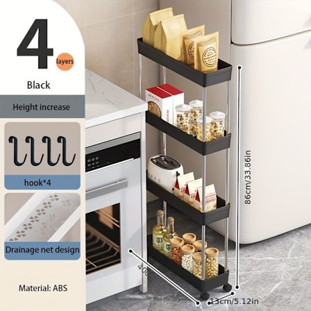 4-vånings Förvaringsställ, Golvvagn, Smal Organizer, Flerlagers Organizer för Vardagsrum och Badrum (Svart)