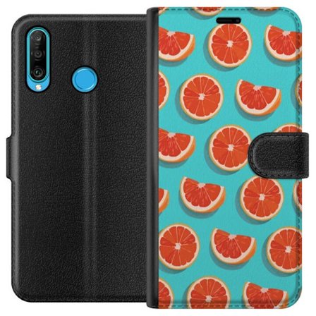 Kompatibel Tegnebogsetui til Huawei P30 lite Illustreret mønster med gentagne grapefrugtskiver på en turkis baggrund