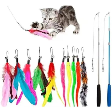 Interaktiv kattefiskestang legetøj med 10 udskiftelige drillepinde og klokketilbehør til killinger indendørs motion og leg 2-delt sæt