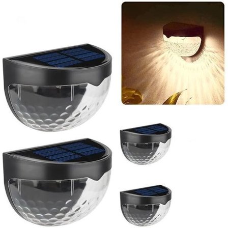 Solcelle Gjerde Lamper Utendørs, 6 LED Vanntette Vegglamper for Terrassebelysning, Pakke med 4 (Svart/Varm Hvit)