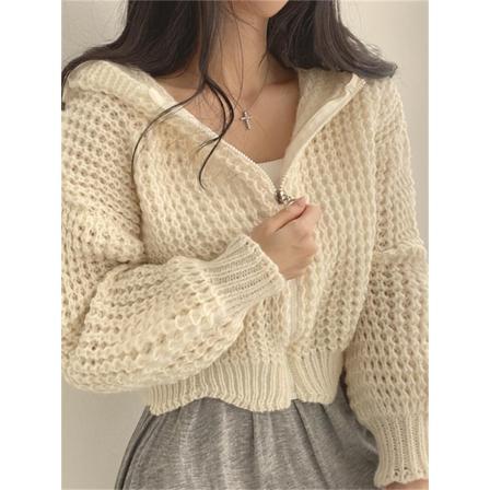 Cropped Knit Cardigan Damtröja Dam Dragkedja Lös Topp White