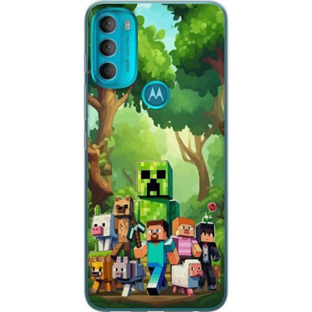 Kompatibel Mobilcover til Motorola Moto G71 5G Klodset pixeleret spilverden med grønne figurer og dyr i frodig skovmiljø