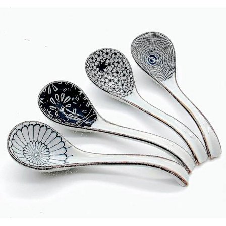 Asiatisk suppeske, 16,25 cm japansk Pho-ske med langt håndtag til Miso (blå og hvidt porcelæn, 4 stk.) (LGL)