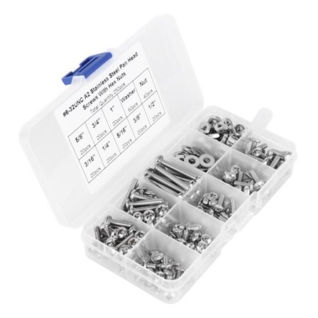 304 Rustfrie Stål Skruer Kryss Pan Hode Skruer med Sekskantmuttere Skiver Skrue Kit 250stk #6-32UNC