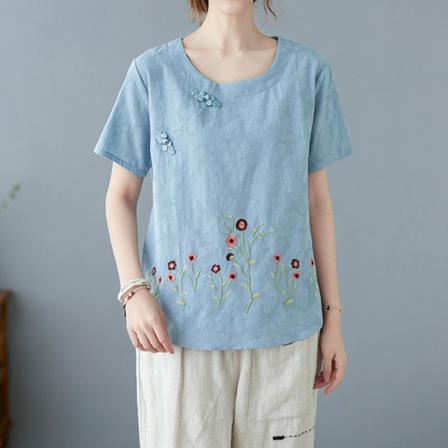 Broderi T-shirt För Kvinnor Med Rund Hals T-shirt