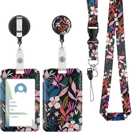 Korthållare med snöre, 2 ID-korthållare, utdragbar rullklämma och avtagbar rem (rosa blomma)