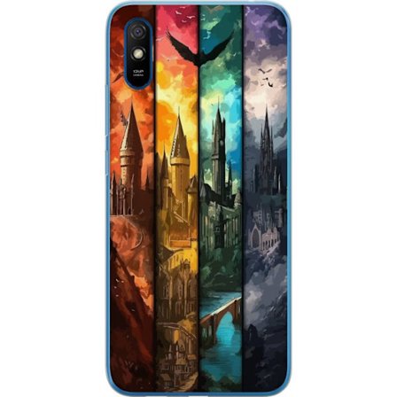 Kompatibel Mobilcover til Xiaomi Xiaomi Redmi 9AT Fire magiske slotte i forskellige elementfarver, episk fantasykunst med ild vand luft og mørke i de