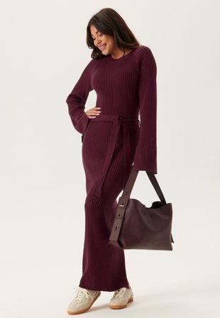 Bubbleroom - Round Neck Rib Knitted Maxi Dress - Burgundy - Kläder
