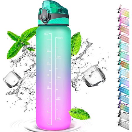 1 liters drikkeflaske med sugerør, med tidsmarkeringer, Sportscykel Flaske (Gradienteret Pink Blå)BY