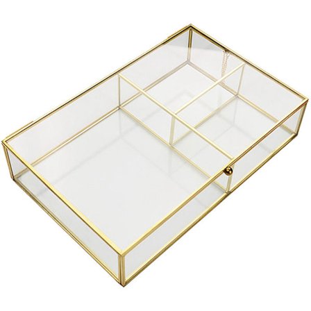 Klar glas smykkeskrin smykkearrangørholder bordplade beholder makeup arrangør støvtæt opbevaringsboks, L