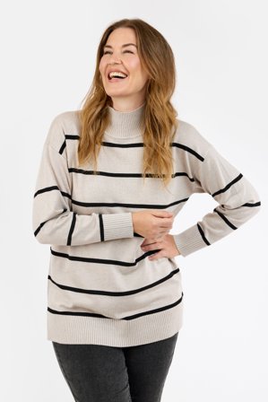 JENSEN - Langærmet Strik - Sand/sort - Stribet