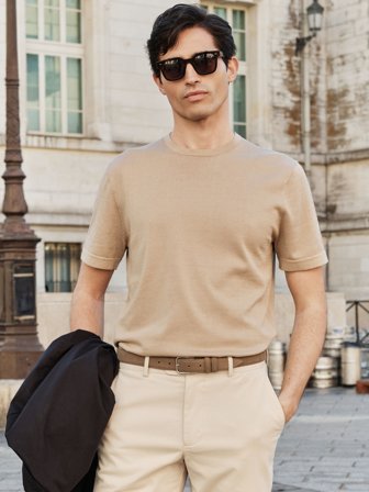 John Henric Men's Beige Cotton Silk Knitted T-shirt Size M