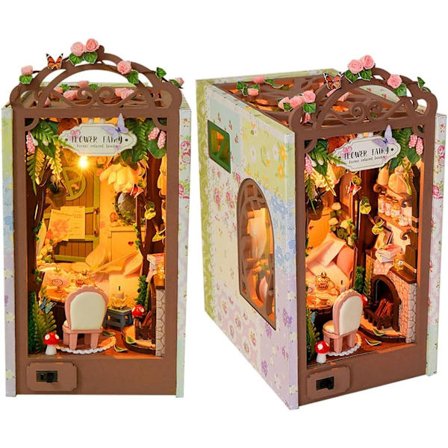 Bogreol - 3D Træpuslespil - Dukkehus med LED DIY Bogstøtte - Håndværk Hobbygaver (Fairy Flower House)