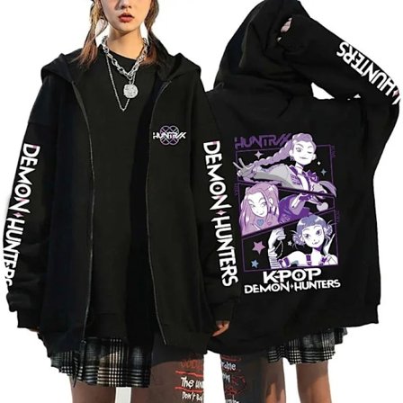 K-Pop Demon Hunters Zip-Up Hættetrøje | Koreansk Jakke | Fan Fleece Sweatshirt*Sort 1*S