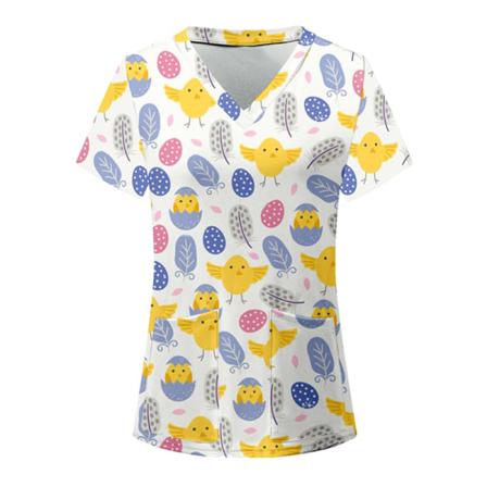 Kvinnor Sommar Kort Ärm Scrub Toppar V-ringad T-shirt Casual Baggy