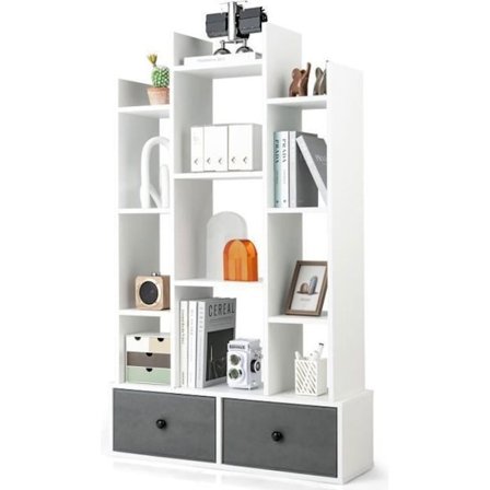 COSTWAY 132 cm moderne reol med 12 rum og 2 skuffer, opbevaringshylde med anti-dumping-enhed Hvid