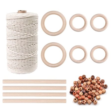 DIY Makramé Plantehengere 100 meter 3mm Naturlig Snor med 60 Treperler 6 Treringer og 4 Trepinner