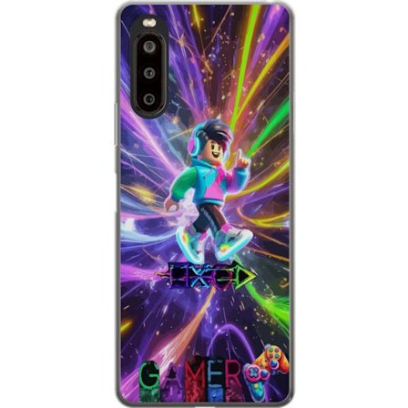 Kompatibelt Mobilskal till Sony Xperia 10 II Energifylld gamingillustration med blockliknande figur, neonfärger, ljuseffekter och rörelse i futurist