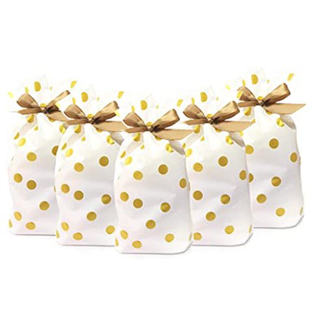 50 st godis kakor dragsko presentpåsar 23 x 15 cm, guldprickig plast