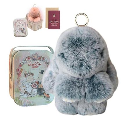 Bunnylulu Nyckelring, Bunny Lulu Nyckelring, Söt Kaninnyckelring med Elegant Ask, Kaninnyckelring Plysch (FMY)
